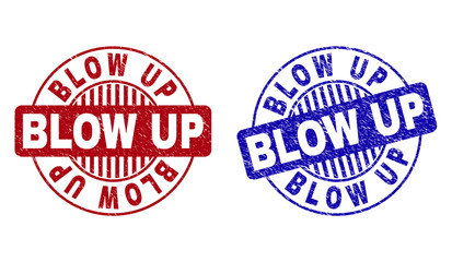 Grunge BLOW UP round stamp seals isolated on a white background. Round seals with grunge texture in red and blue colors. Vector rubber imitation of BLOW UP label inside circle form with stripes.