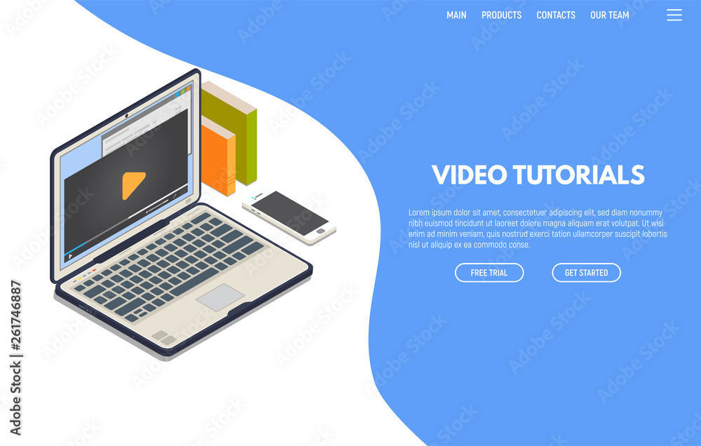 Poster online video computer web app. isometric laptop with online video playing on screen and phone. onlin