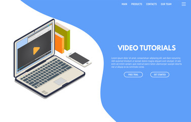 Online video computer web app. Isometric laptop with online video playing on screen and phone. Online education and studying. Computer training and and e-learning concept.