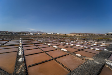 Salines where salt gets produces on Fuerteventura at Canary Islands in Spain