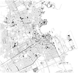 Satellite map of Doha the capital and most populous city of the State of Qatar. Map of streets and buildings of the town center. Asia