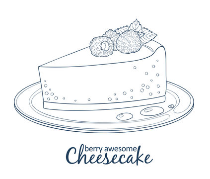 Cheesecake with raspberry icon isolated on white background. Hand drawn vector illustration black and white colors