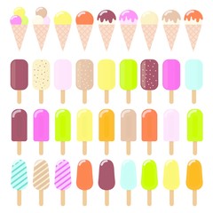 Colorful ice cream icons set. Collection ice cream cones and Popsicle with different topping isolated on white background. Vector illustration.