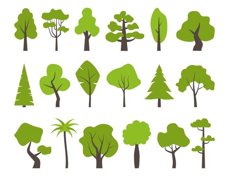Big set of various green trees. Tree icons set in a modern flat style. Vector illustration.