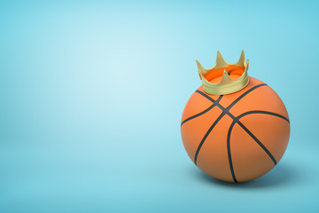 3d close-up rendering of basketball with small golden crown on top on light-blue background.