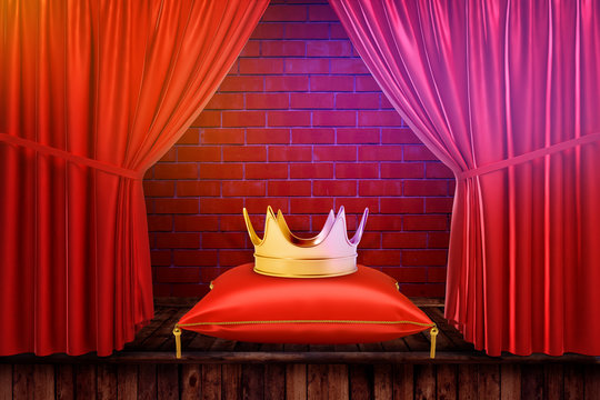3d rendering of golden crown on a cushion with red curtains and red brick wall background