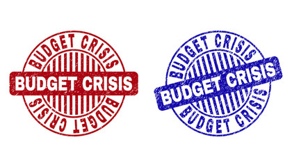 Grunge BUDGET CRISIS round stamp seals isolated on a white background. Round seals with grunge texture in red and blue colors.