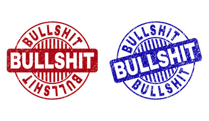 Grunge BULLSHIT round stamp seals isolated on a white background. Round seals with grunge texture in red and blue colors. Vector rubber imprint of BULLSHIT label inside circle form with stripes.