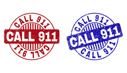 Grunge CALL 911 round stamp seals isolated on a white background. Round seals with grunge texture in red and blue colors. Vector rubber imprint of CALL 911 label inside circle form with stripes.