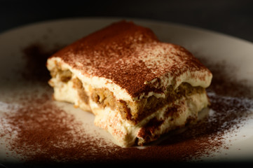 Piece of appetizing tiramisu cake on plate in close up