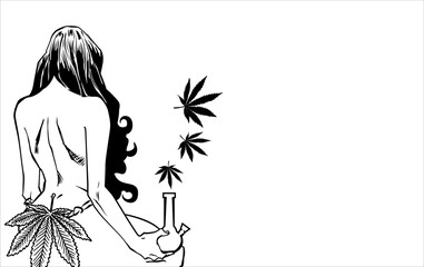 Naked lady with cannabis leafs and bong. 
