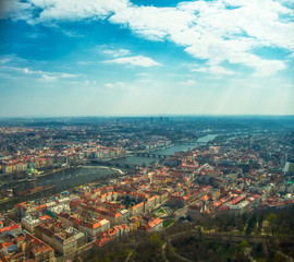 Aerial view of Prague over Vltava river