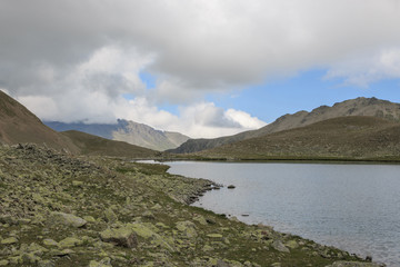 Obraz premium Panorama of lake scenes in mountains, national park Dombay, Caucasus