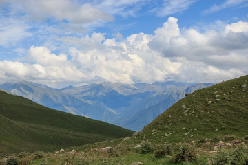 Panorama view of mountains scenes in national park Dombay, Caucasus