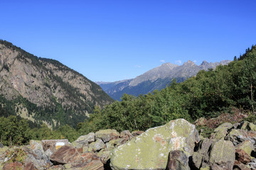 Closeup view of mountains scene in national park Dombay, Caucasus