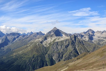 Panorama view of dramatic sky and mountains scene in national park Dombay