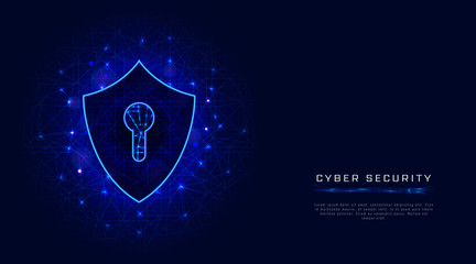 Fototapeta na wymiar Shield with keyhole cyber security banner template on abstract polygonal background. Cloud data protection technology.