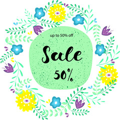 SALE 50%-hand lettering design with floral, leaves, frame. Stylish simple design for card, banner, logo. Vector illustration EPS