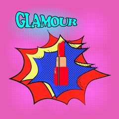 Cartoon comic illustration of lipstick on pop art background. Vector