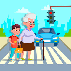 Boy Helping Senior Woman Crossing Street Vector Drawing. Grandmother With Teenage Grandchild Crossing Road. Traffic Pedestrians Rules. Cartoon Characters Walking Across Crosswalk Flat Illustration