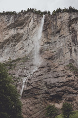 View closeup waterfall Staubbach fall in mountains, valley of waterfalls