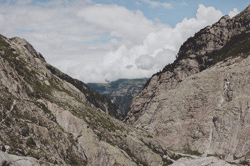 Panorama of mountains on route of Trift Bridge in national park Switzerland