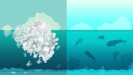 Comparison of clean sea and plastic pollution. Ocean plastic pollution. Ecological poster. A large mountain of plastic in the water. Plastic iceberg pollution, ecology problem of marine pollution.