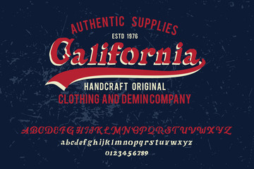 California. Original font and logo. Print on shirt or sticker. Retro and vintage style. Old school. Classic print. Hipster style. Print for shirt. Vector serif font. Handmade font.