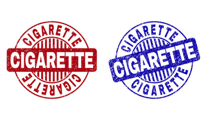 Grunge CIGARETTE round stamp seals isolated on a white background. Round seals with grunge texture in red and blue colors. Vector rubber imitation of CIGARETTE text inside circle form with stripes.
