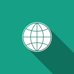 Earth globe icon isolated with long shadow. World or Earth sign. Global internet symbol. Geometric shapes. Flat design. Vector Illustration