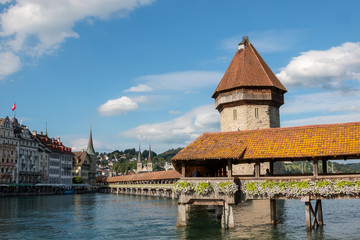 Panoramic view of Lucerne city with Chapel Bridge and river Reuss