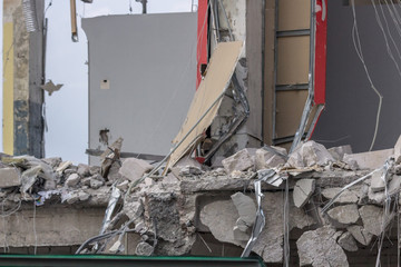 Destroyed building. Large-scale reconstruction and construction. The ruins of the plant....