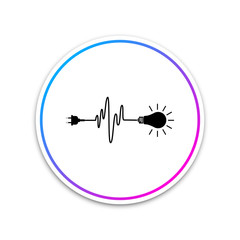 Wire plug and light bulb icon isolated on white background. Plug, lamp and cord in the form of heartbeat. Concept of Electricity and lighting. Circle white button. Vector Illustration