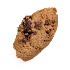 Piece of Chocolate chip cookie with crumbs isolated on white background.
