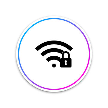 Wifi locked sign icon isolated on white background. Password Wi-fi symbol. Wireless Network icon. Wifi zone. Circle white button. Vector Illustration