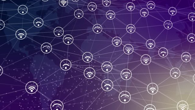 Wireless network icon. Wi-Fi symbol. Animation of wifi element . Alpha matte channel included. Animation of plexus network from wifi symbol on colorful background with flowing of plexus