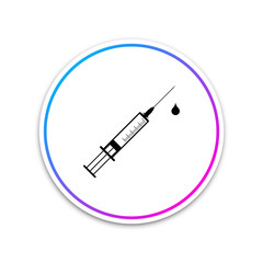 Medical syringe with needle and drop icon isolated on white background. Syringe sign for vaccine, vaccination, injection, flu shot. Circle white button. Vector Illustration