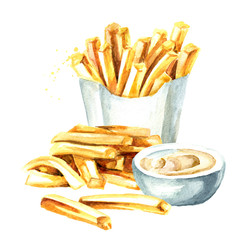 French fry stick potato with sauce. Watercolor hand drawn illustration isolated on white background