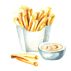 French fry stick potato with sauce. Watercolor hand drawn illustration, isolated on white background