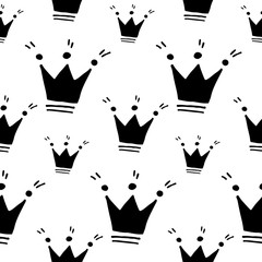 Cute cartoon crown pattern with hand drawn crowns. Sweet vector black and white crown pattern. Seamless monochrome doodle crown pattern for textile, wallpapers, wrapping paper, cards and web.