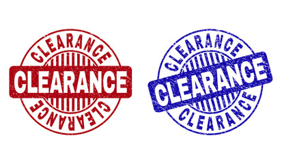 Grunge CLEARANCE round stamp seals isolated on a white background. Round seals with grunge texture in red and blue colors. Vector rubber watermark of CLEARANCE label inside circle form with stripes.