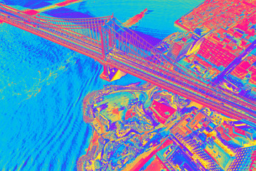 Obrazy  Widok z lotu ptaka na most Manhattan nad East River w Nowym Jorku o zachodzie słońca funky gradient
