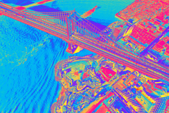 Aerial view of the Manhattan Bridge over the East River in New York City at sunset funky gradient