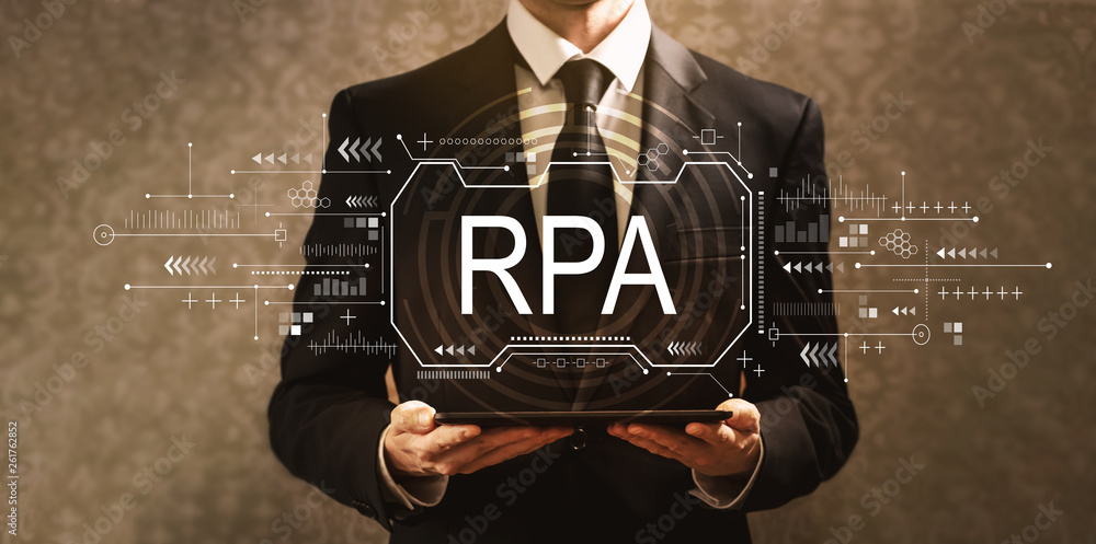 Poster robotic process automation concept with businessman holding a tablet computer