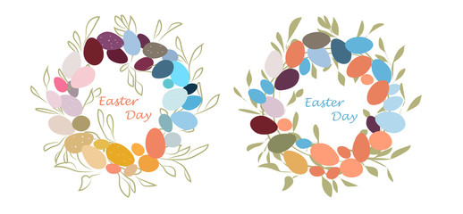 Obraz premium Easter wreath with leaves and eggs. Decorative holiday's frame