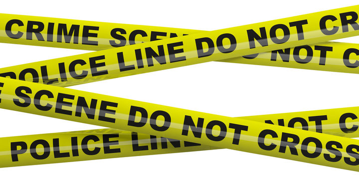 Crime scene, police line. Warning yellow tape isolated cutout against white background. 3d illustration