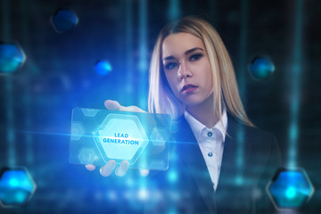 The concept of business, technology, the Internet and the network. A young entrepreneur working on a virtual screen of the future and sees the inscription: Lead generation