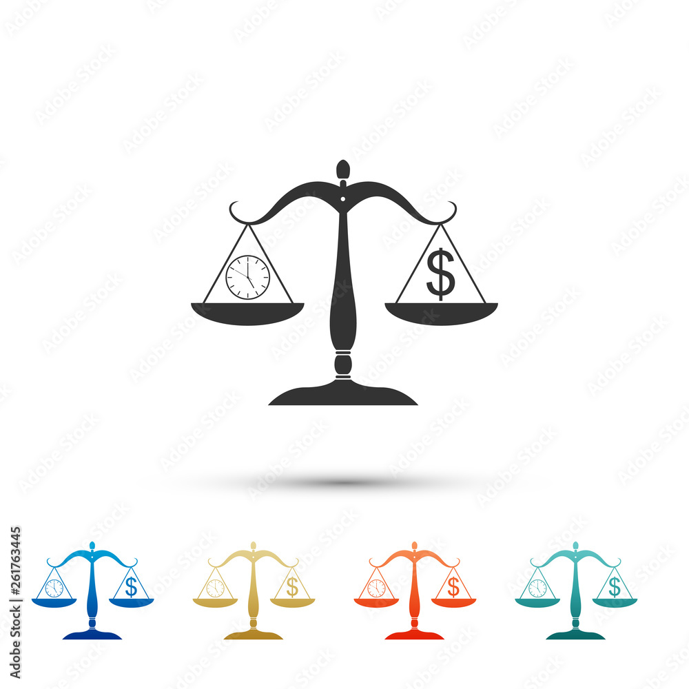 Poster scale weighing money and time icon on white background. scales with hours and a coin. balance betwee