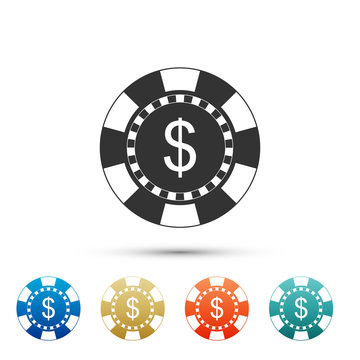 Casino chip and dollar symbol icon isolated on white background. Set elements in color icons. Vector Illustration