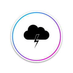 Storm icon isolated on white background. Cloud and lightning sign. Weather icon of storm. Circle white button. Vector Illustration